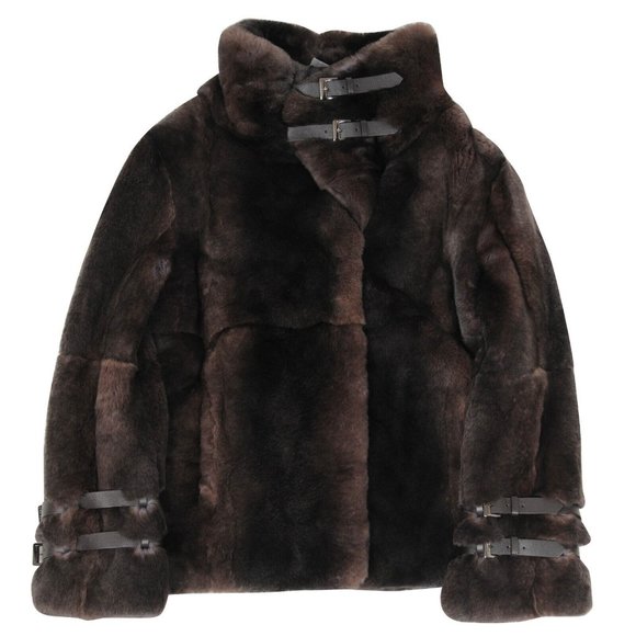 Giorgio Armani Womens Fur Jacket IT48 US 12 XXL Brown Bondage Straps Rabbit Coat - Picture 1 of 12